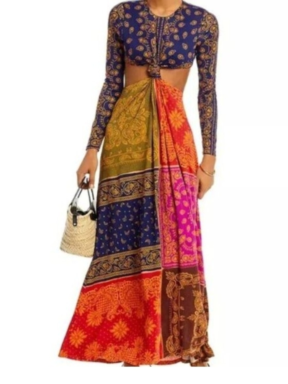 FARM Rio Bandana Dream Cut Out Maxi Dress Patchwork Boho Size Small